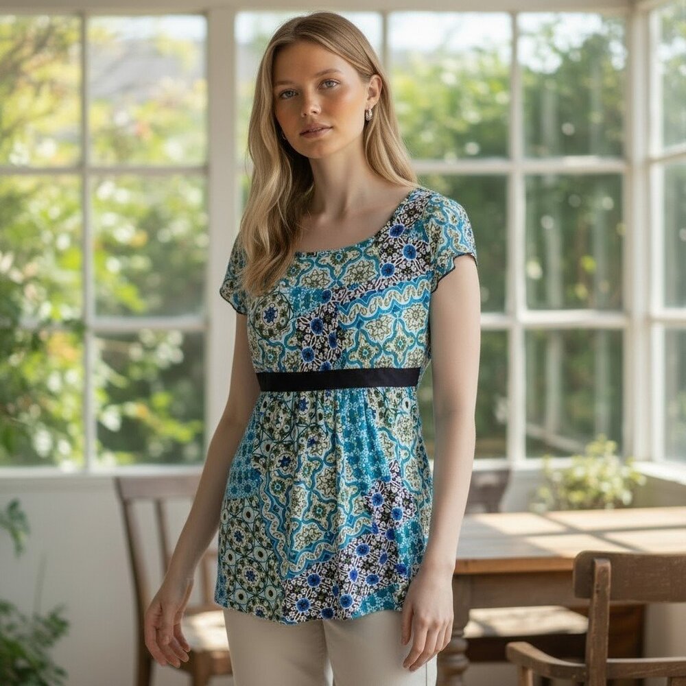 Y2K Babydoll Blouse‎ Jrs Sz M Blue Green Tie Back Mixed Geometric Print
